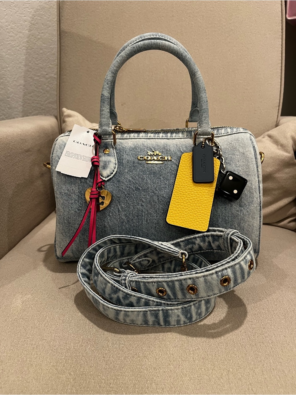 COACH Loved Denim Medium Rowan with all charms and strap. NWT